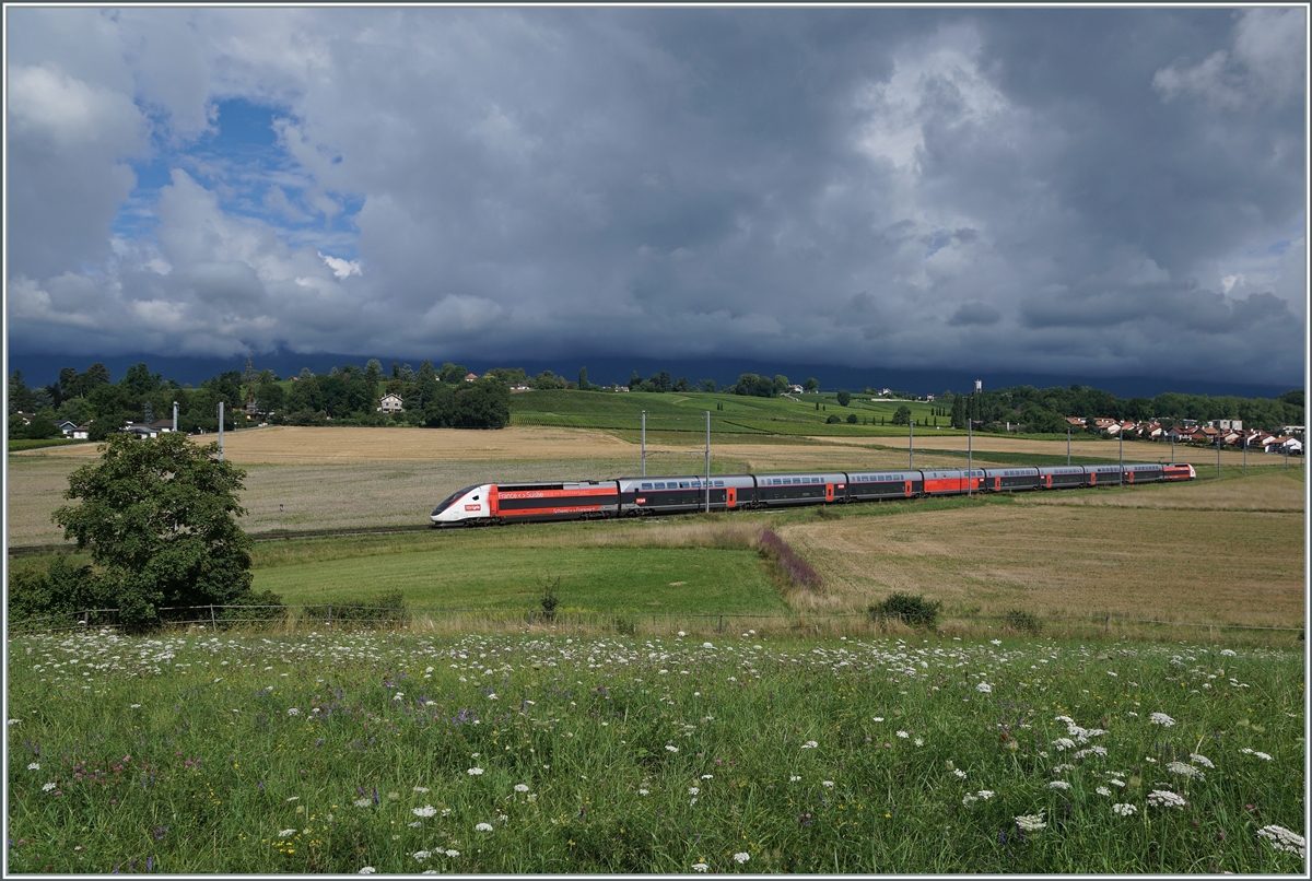 Der TGV Lyria 9768 von Lausanne nach Paris Gare de Lyon kurz nach Satigny.

2. August 2021