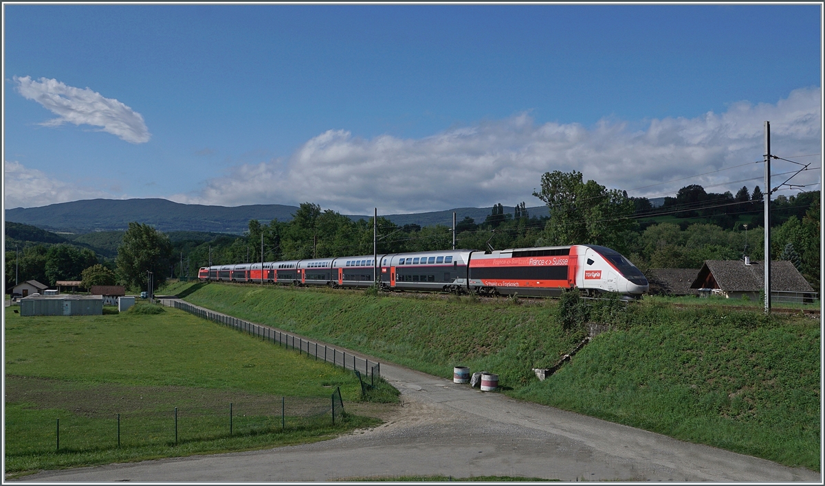 Der TGV Lyria 9770, bestehend aus dem TGV Triebzug 4730, ist bei Pougny auf der Fahrt von Genève nach Paris Gare de Lyon. 

16. August 2021