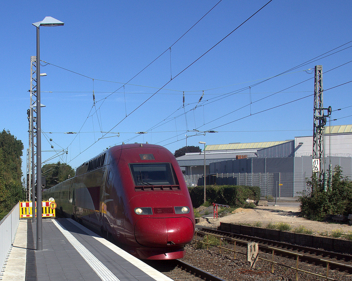 Der Thalys aus Köln-Hbf(D) nach Paris(F) kommt durch Kohlscheid als Umleiter aus Richtung Rheydt,Herzogenrath und fährt in Richtung Aachen-West,Aachen-Schanz,Aachen-Hbf und fährt die Kohlscheider-Rampe hoch. 
Aufgenommen von Bahnsteig 2 in Kohlscheid. 
Bei Sommerwetter am Nachmittag vom 21.9.2019.