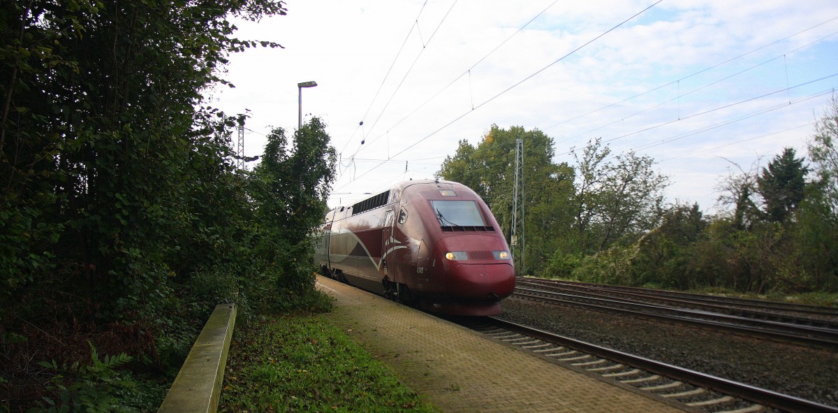 Der Thalys aus Paris(F)-Köln-Hbf kommt aus Richtung Aachen-West als Umleiter und fährt durch Kohlscheid und fährt in Richtung Herzogenrath,Neuss.
Bei schönem Herbstwetter am Vormittag vom 11.10.2014.