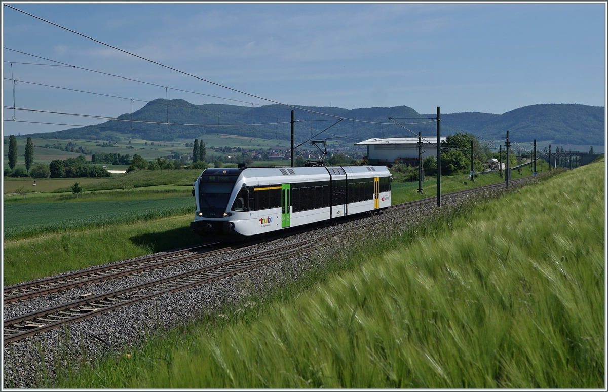 Der Thurbo GTW 526 735-6  Rümikon  ist im Klettgau zwischen Neunkirch und Wilchingen-Hallau auf dem Weg nach Erzingen (Baden). 

15. Mai 2022