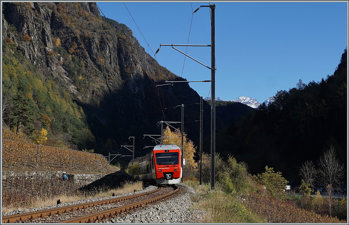 Der TMR Region Alps RABe 525 040 NINA taucht kurz nach Bovernier in den schattige engen Talabschnitt ein. Der Regionalzug ist au der Fahrt von Matigny nach Le Chable. 

6. November 2020