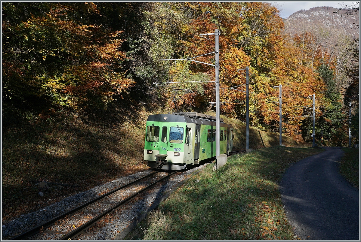 Der TPC ASD BDe 4/4 402 ist im bunten Herbstwald bei Verschiez als Regionalzug 438 von Aigle nach Plambuit unterwegs.

5. November 2021