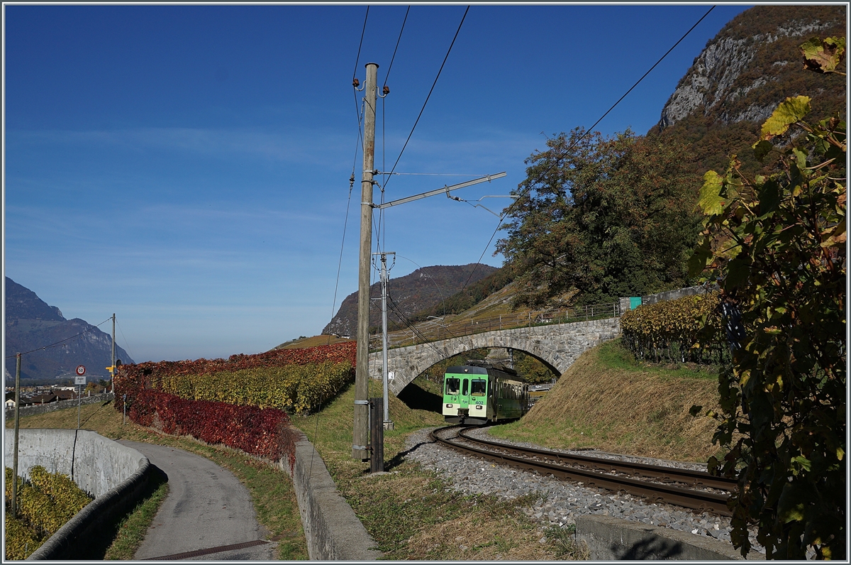 Der TPC ASD BDeh 4/4 402 ist als Regionalzug 436 von Aigle nach Exegillod unterwegs und nimmt kurz nach Aigle Château (ehemals Aigle Dépôt ASD) die Steigung nach Verchiez in Angriff und passiert dabei eine der schönen bogenförmigen Übergänge in den Rebbergen bei Aigle 

27. Oktober 2021