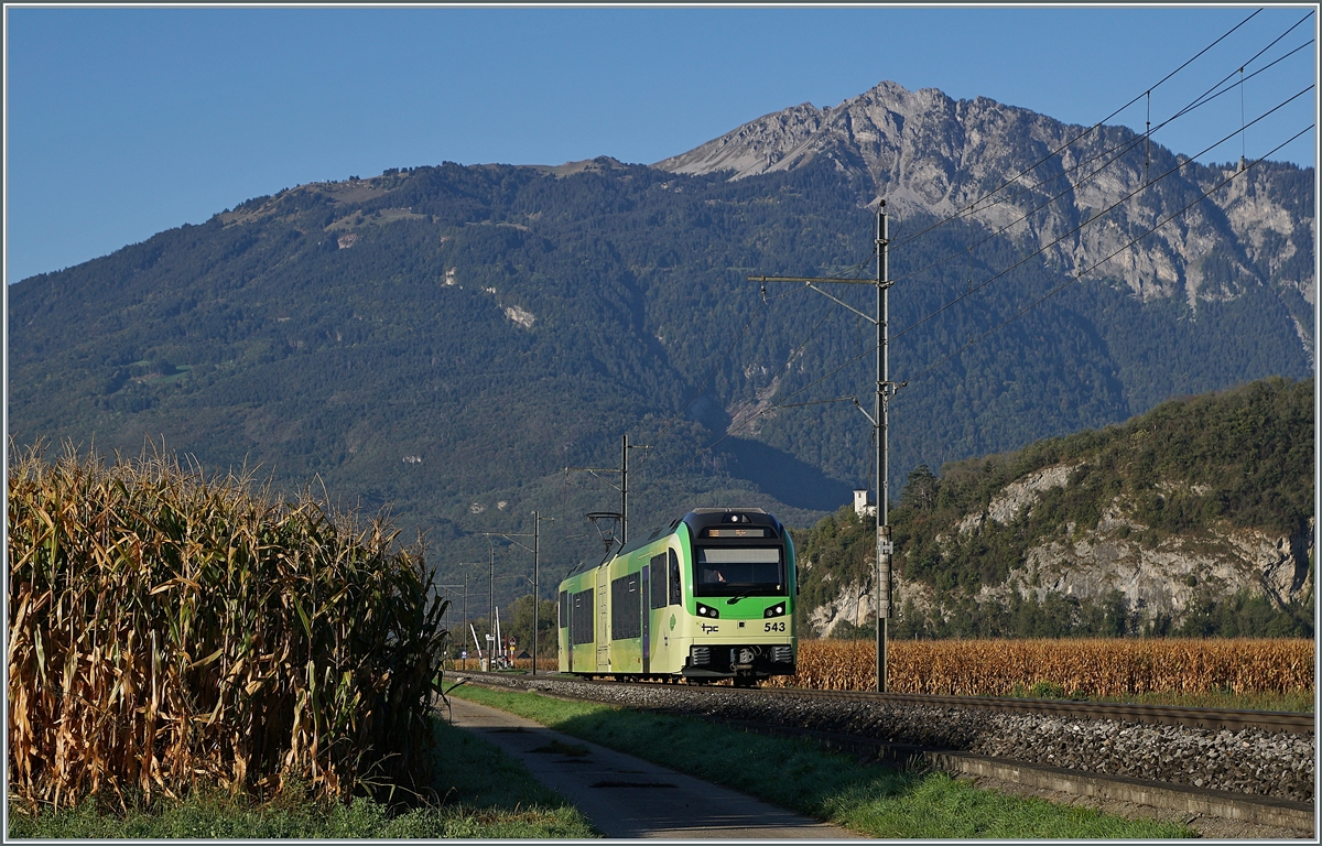Der TPC Beh 2/6 543  La Cathedral  fährt durchs flache Rohnetal in Richtung Aigle und erreicht in Kürze Villy.

11. Okt. 2021