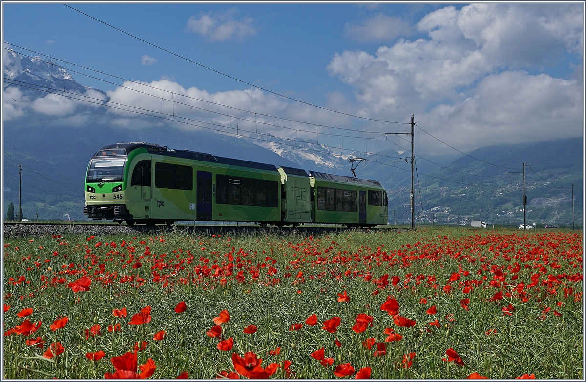 Der TPC SURF GTW Bhe 2/6 545 bei Kilometer 5.1, kurz vor Villy auf dem Weg nach Aigle, Das Licht lässt nicht nur die Mohnblumen leuchten, sondern gliedert auch den Zug in Steuerwaqgen Motowblock und Steuerwagen.
24. Mai 2018