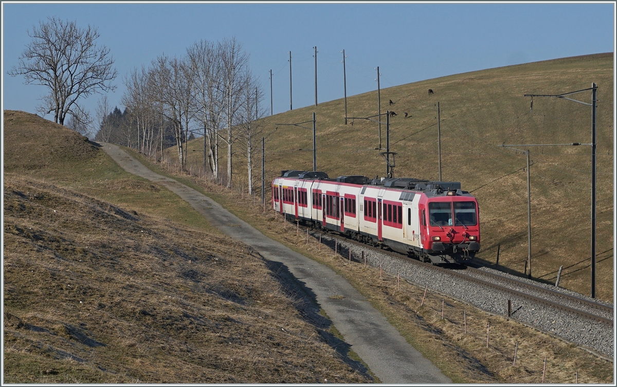 Der Travys RBDe 560 384-0 (RBDe 560 DO TR 94 85 7 560 384- CH-TVYS)  Lac Brenet  mit B und ABt ist als Regionalzug von Le Brassus nach Vallorbe kurz vor Les Charbonnières unterwegs; im Hintergrund sind einige Gamsen beim Frühstück zu sehen. 

24. März 2022