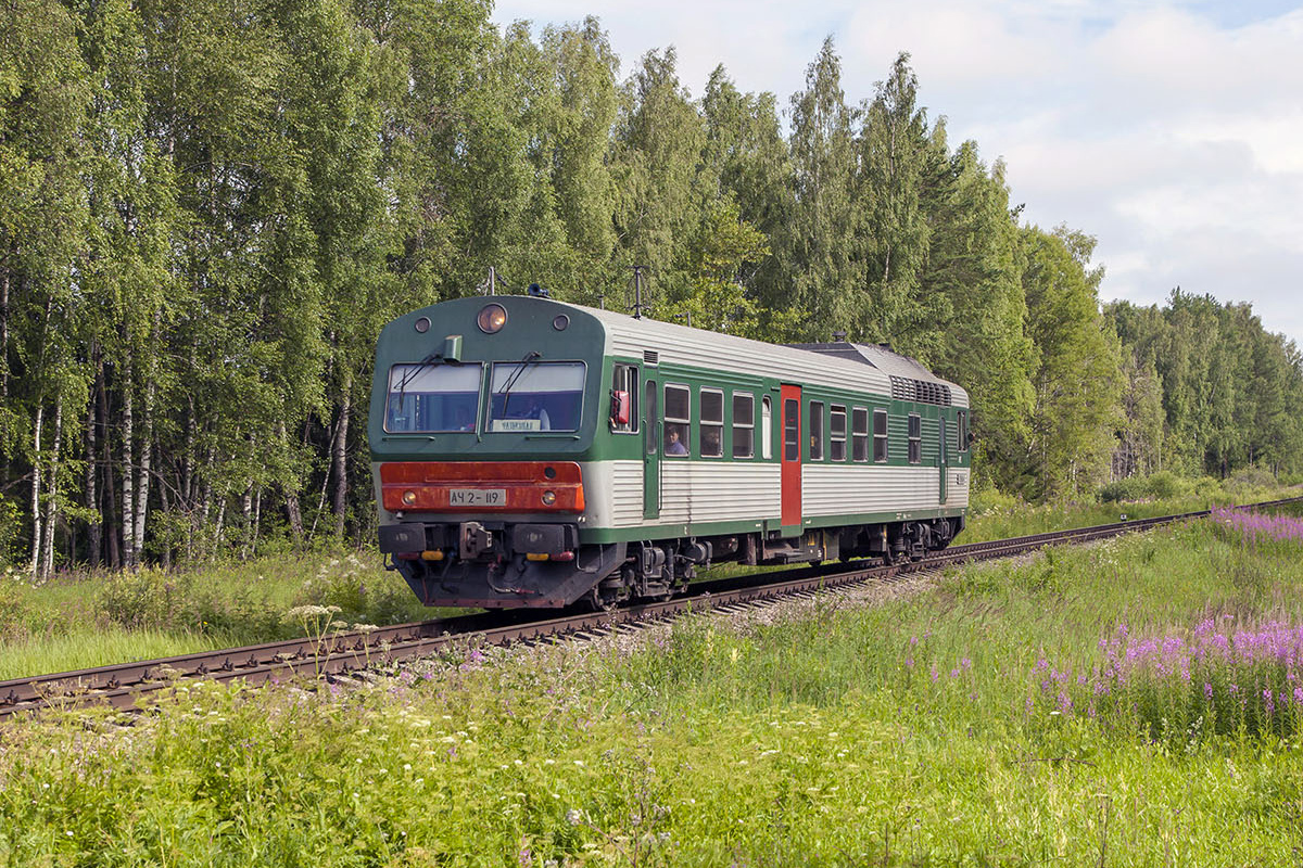 Der Triebwagen AЧ2-119 folgte auf Eisenbahnlinie  Wjasma - Brjansk unweit von Wjasma-Brjanskaja Bahnhof am 9. Juli 2016