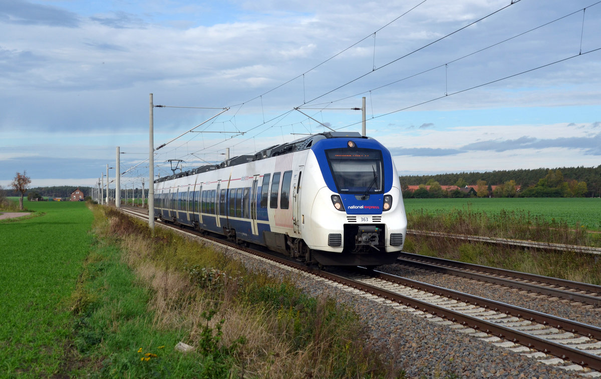 Der Triebzug 363 der national Express rollte am 20.10.19 auf Überführungsfahrt von Köln nach Delitzsch durch Rodleben Richtung Dessau.