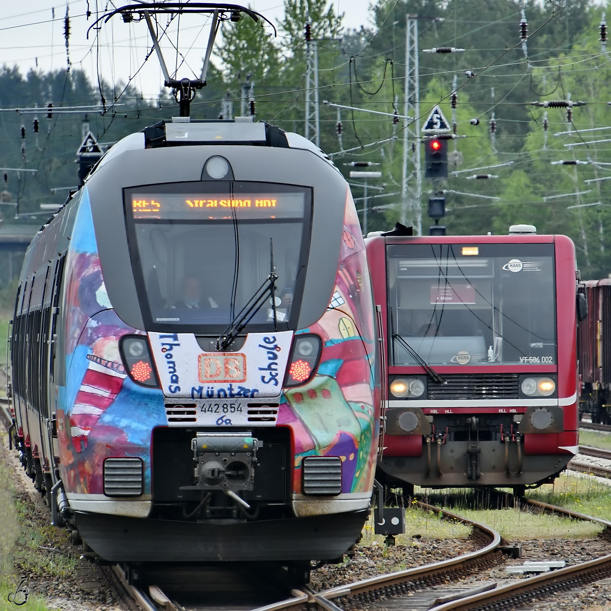 Der Triebzug 442 854 verlässt als RE5 nach Stralsund gerade den Hauptbahnhof in Neustrelitz, während VT504 002 bis zum nächsten Einsatz pausiert. (Mai 2021)