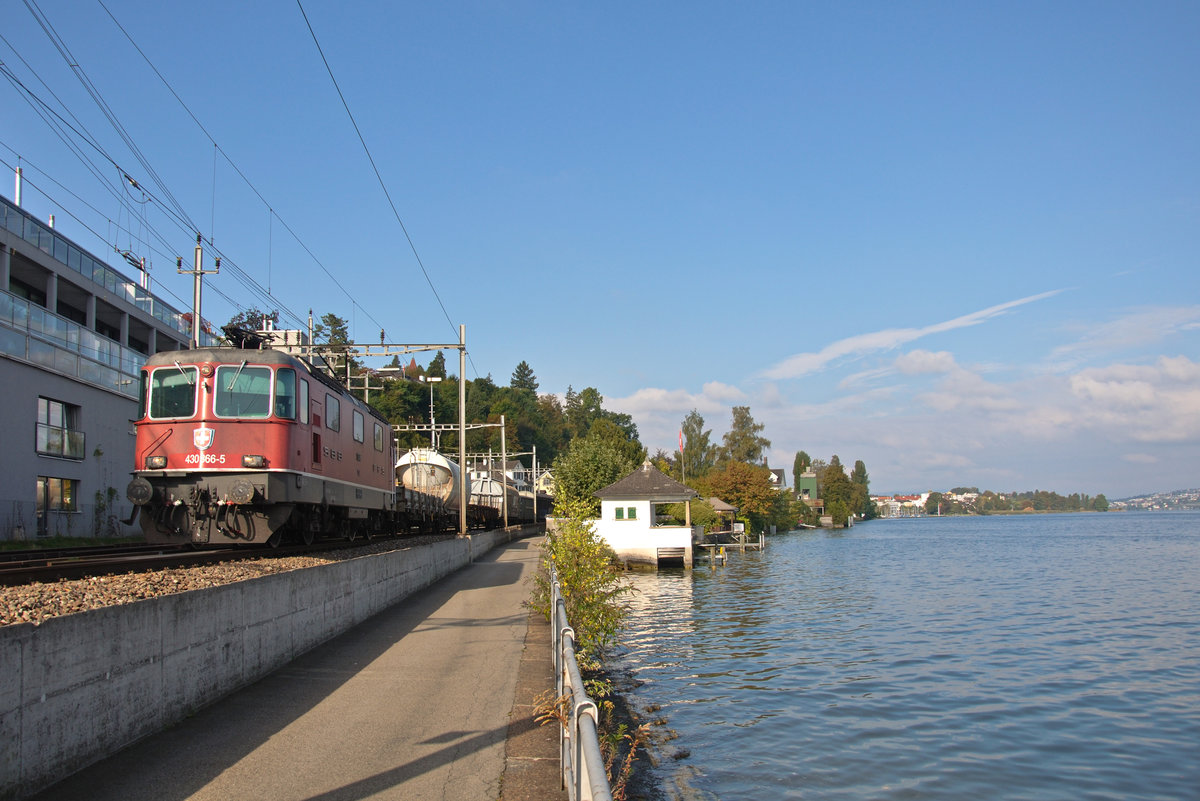 Der Verkehr auf der Strecke Zürich - Pfäffikon SZ (- Sargans - Chur) ist äusserst vielfältig und dichtgedrängt: Neben den nationalen (IC, RE) und internationalen Reisezügen (Railjet, ICE, Nachtzüge) sowie drei S-Bahn Linien des ZVV (S2, S8, S25) hat es auch noch Kapazität für Züge des Güterverkehrs. Durch zahlreiche Überholmöglichkeiten lassen sich teils bis zu sechs Güterzüge pro Stunde beobachten, so an diesem Freitagmorgen den 07.10.2016, als die Re 430 366-5 (11366) mit einem Nahgüterzug bei Wädenswil unterwegs ist. 