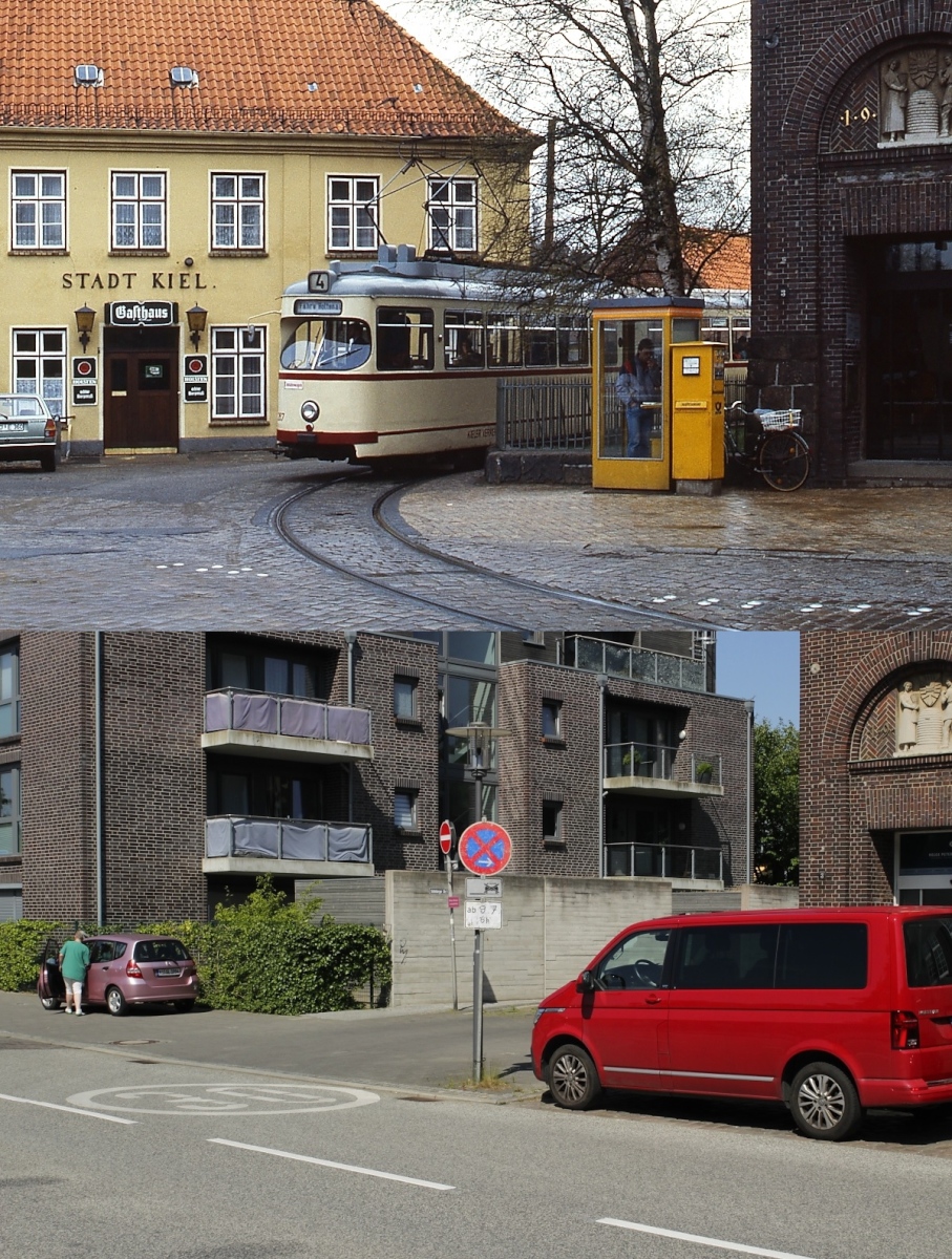 Der Verlust einer Idylle: Oben hält der GT6 267 am 27.04.1985 in der Schleife Kiel-Wellingdorf. Einziger Anhaltspunkt für die Vergleichsaufnahme vom 08.07.2023 war der Eingang der ehemaligen Spar- und Leihkasse Kiel. Nicht nur die Bahn, sondern auch das Gasthaus  Stadt Kiel , Telefonzelle und Briefkasten sind Vergangenheit.
