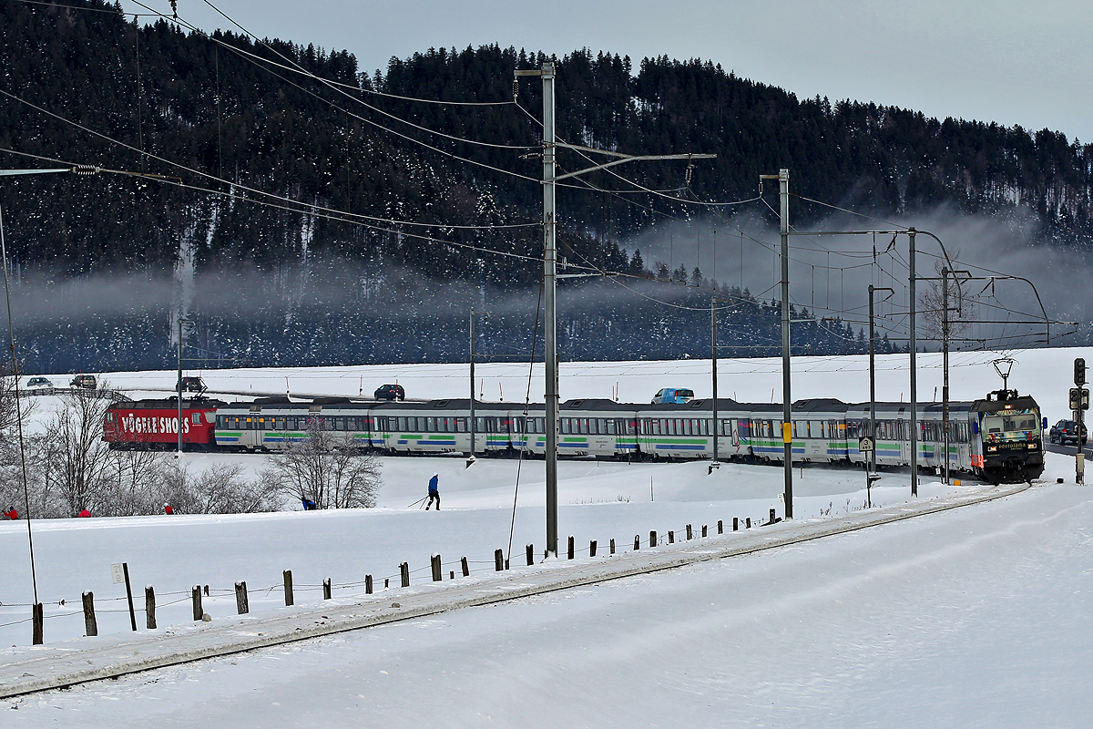 Der Voralpenexpress mit der Re 456 092 als Zuglok,hinten Re 456 094 zieht seine Bahn zwischen der Strasse und der Langlaufloipe bei Altmatt.Bild vom 2.1.2015