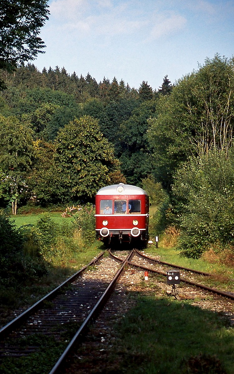 Der VT 103 der Lokalbahn Endorf-Obing fährt im August 2007 auf dem Weg von Obing nach Bad Endorf in Amerang ein