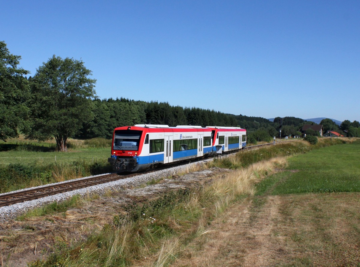 Der VT 63und der VT 65 als RB nach Plattling am 02.08.2013 unterwegs bei Gotteszell.