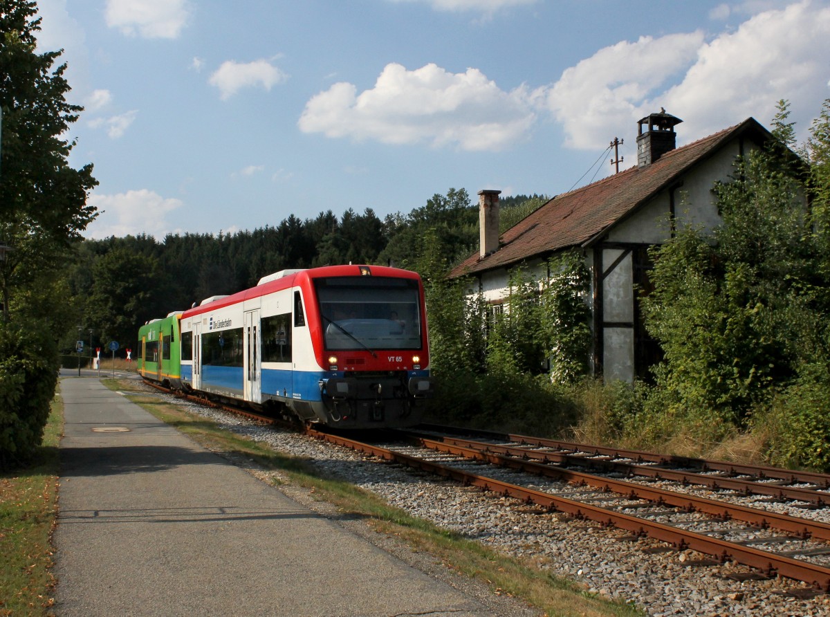 Der VT 65 und der VT 27 bei einer berfhrungsfahrt nach Zwiesel am 17.08.2013 bei Durchfahrt in Teisnach.