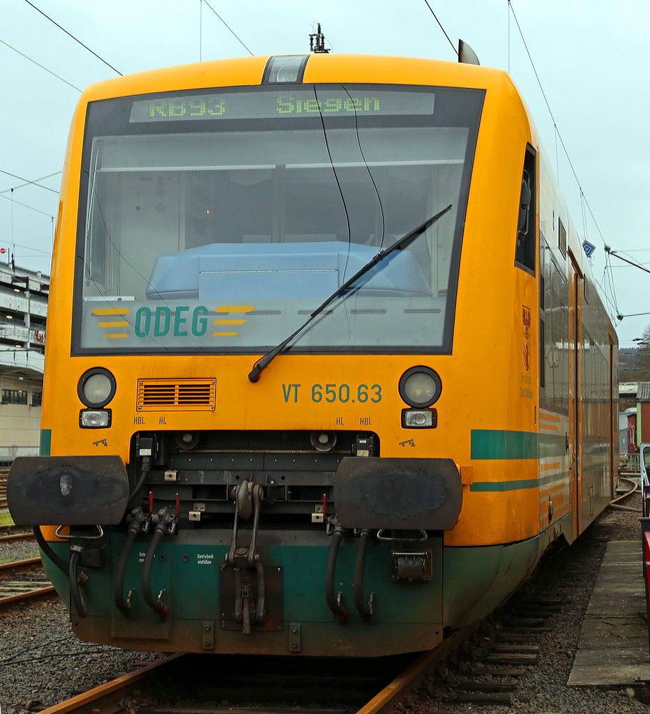 
Der VT 650.63  Erholungsort Stadt Müllrose   (95 80 0650 063-0 D-ODEG) der Ostdeutsche Eisenbahn GmbH (ODEG) ist am 10.01.2015 beim Siegener Hauptbahnhof abgestellt. Er ist von HLB Hessenbahn GmbH angemietet worden, die ab dem 14.12.2014 Betreiber der 3LänderBahn ist. Fünf dieser Stadler RegioShuttle RS (BR 650) wurden u.a. angemietet, diese sind Eigentum der BeNEX GmbH, Hamburg.

Die HLB Hessenbahn GmbH als neuer Betreiber der 3LänderBahn hat zum Fahrplanwechsel im Dezember 2014 den kompletten Fahrzeugpark der vectus Verkehrsgesellschaft mbH übernommen. Der HLB gehörten 74,9% Gesellschaftsanteile der vectus, die restlichen 25,1% hatte die Westerwaldbahn (WEBA).  Zusätzlich zu den 25 ehemaligen vectus-Fahrzeugen (18 Lint 41 und 7 Lint 27) setzt die DreiLänderBahn seit dem Fahrplanwechsel angemietete Züge anderer Eisenbahnunternehmen (1 VT 629, 5 RegioShuttle RS 1 und 9 GTW 2/6) ein. Ab August 2015 wird der Fahrzeugpark der 3LänderBahn durch 7 bereits von der HLB bestellten, fabrikneuen LINT 41 ergänzt.

Hinweis: Das Bild wurde vom Gehweg über den Zaun hinweg gemacht.