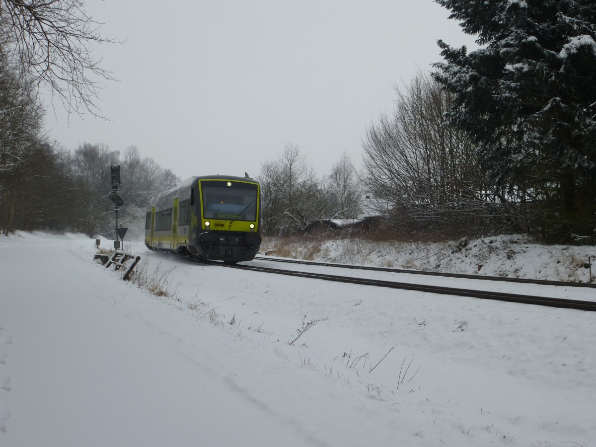 Der VT 650.736 fährt hier amm 26.01.2014 in Schwarzenbach/Saale.
Die Fahrt endet in  Bad Steben.