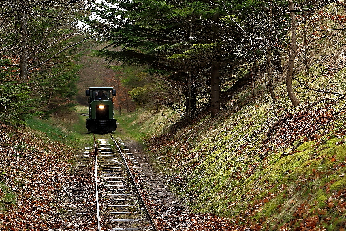 Der Zug der Museumsbahn Hanstholm am 17.04.2014 kurz vor Einfahrt in den Munitionsbunker der einstigen Geschützstellung. Wie man hier sehr schön sehen kann, wurde damals nahezu die gesamte Gleisanlage in einem künstlich angelegten Geländeeinschnitt verlegt, damit die Bahn bei ihren Munitionstransporten möglichst kein Angriffsziel bot.