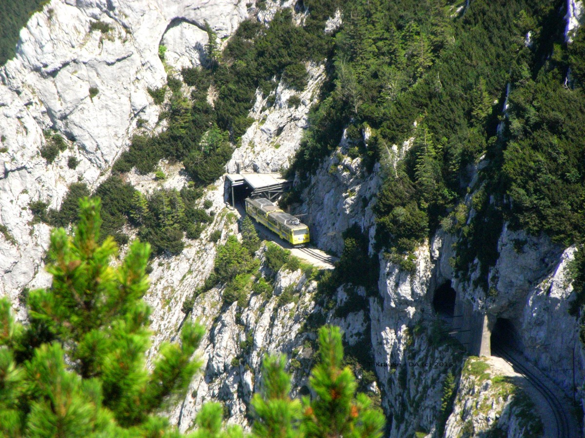 Der Zug verschwindet endgültig aus dem Blickfeld vom Panoramaweg talwärts. 23.06.2015