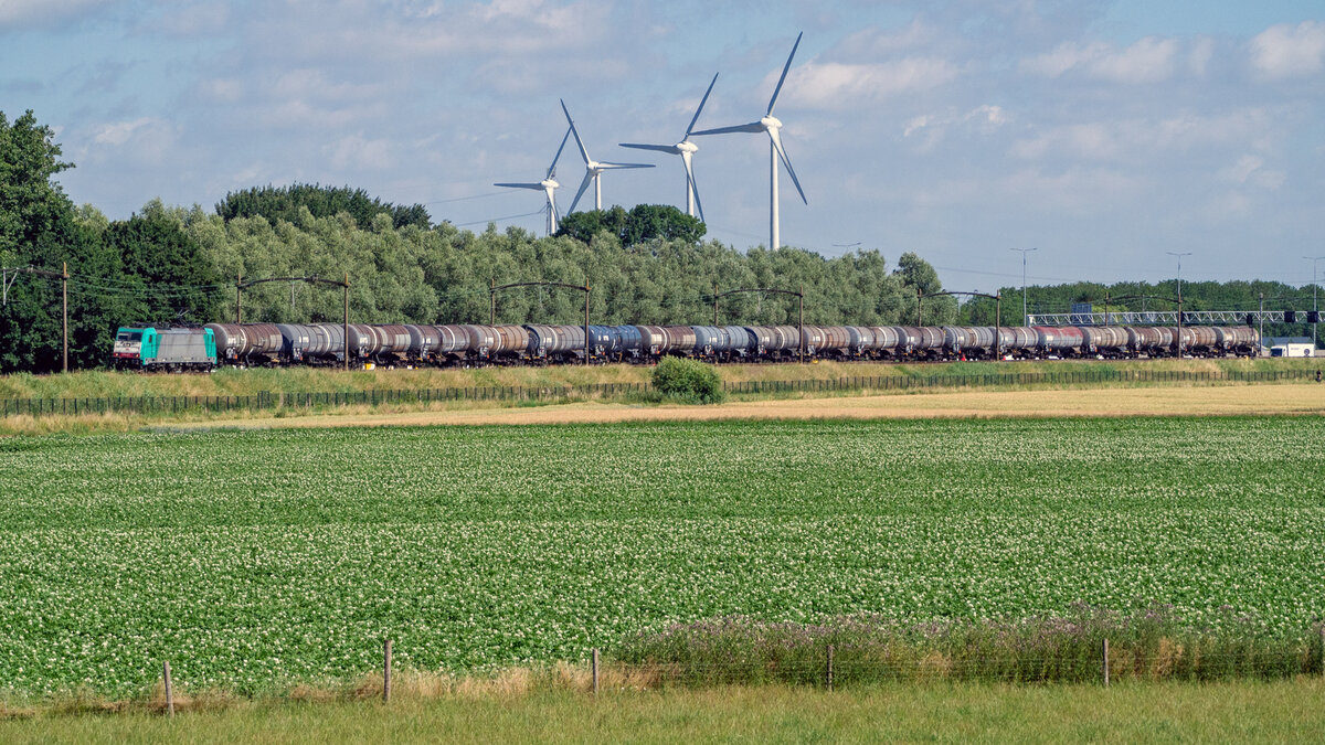 Deutsche Bahn Cargo Traxx (186-225) passiert mit Containerzug vorbei an Dordrecht am 28.06.2022