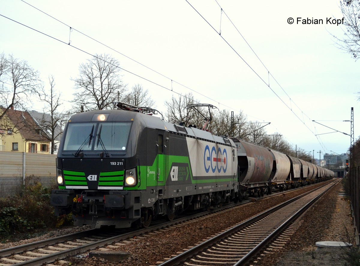 DGS 46981 (Müslizug) von Passau Gbf nach Basel Bad Rbf bespannt von 193 211  Jimmy  von ELL im Auftrag für ECCO-Rail am 12.12.2014 in Stuttgart am Ebitzweg Richtung Basel