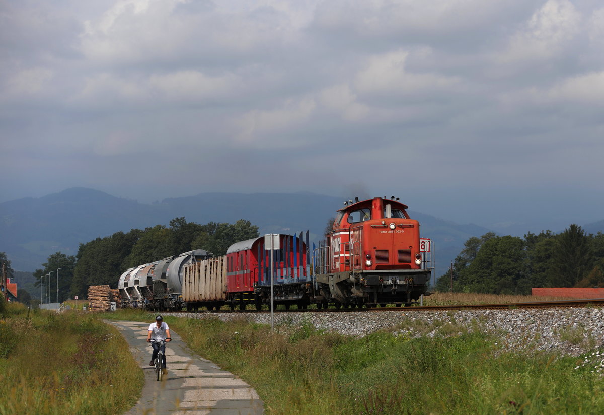 DH 1100.2 mit ihrem Güterzug auf  Wettfahrt  mit einem Radfahrer bei Dietmannsdorf. 

30.08.2017