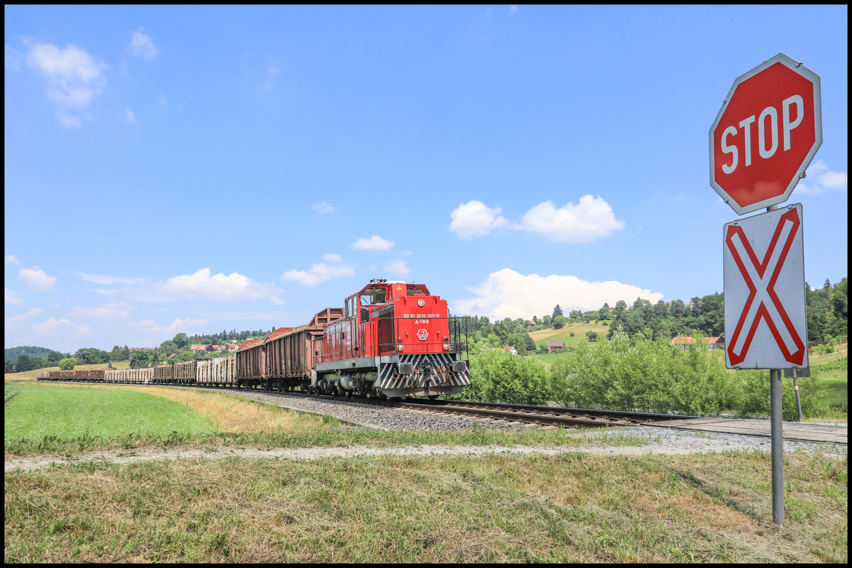 DH 1500.1 zieht an diesem sonnigen 19.06.2019 einen Ganz-Zug Holz nach Preding 