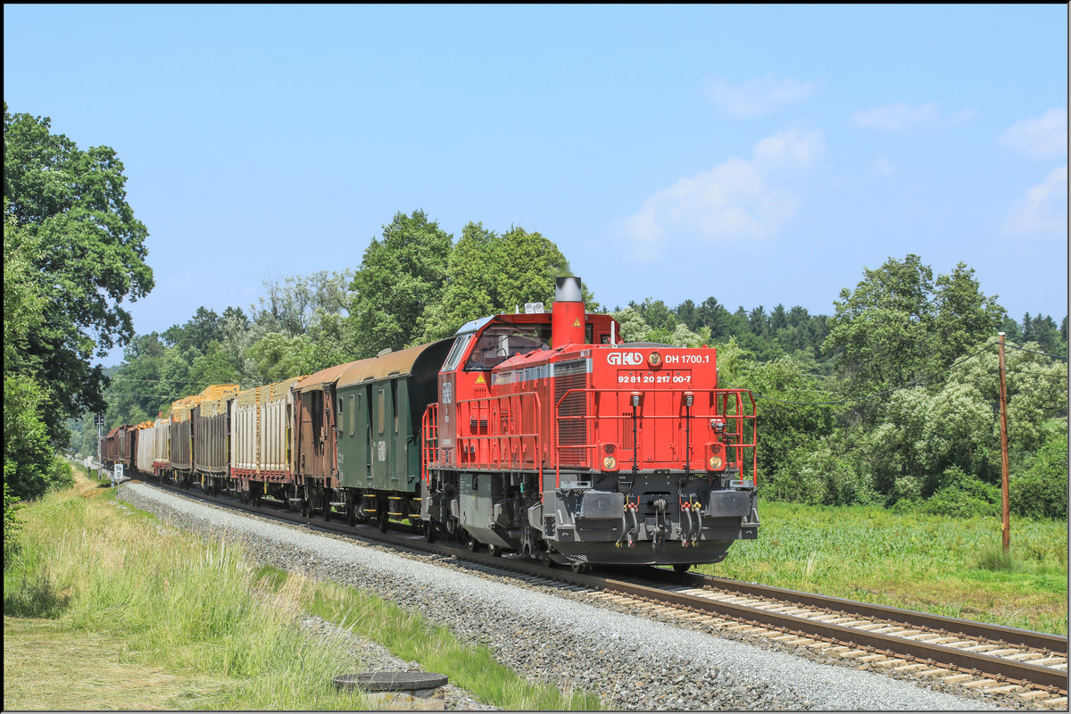 DH 1700.1 zieht einen Ganz-Zug Holz nach Preding hinein .
Für den nahegelegenen Holzverarbeitenden Betrieb Hasslacher rollt neben Rund auch Schnittholz an. 
13.06.2019  