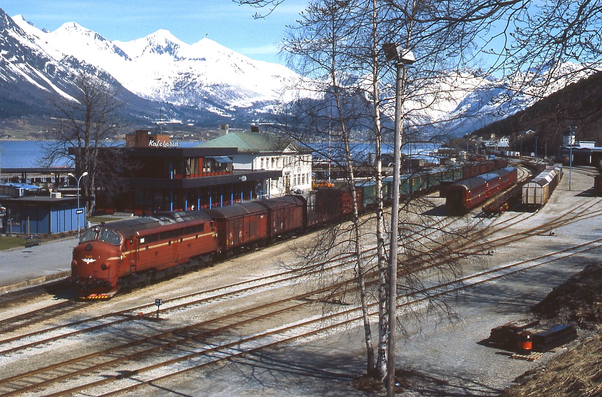 Di 3.619 im Mai 1988 im Bahnhof Andalsnes. Im Vergleich zum aktuellen Foto von Silvan Wyss (http://www.bahnbilder.de/bild/Norwegen~Dieselloks~Di4/812666/beeindruckende-gr246ssenverh228ltnisse-am-isfjord197ndalsnes-ist-der.html) fällt doch die eine oder andere Änderung auf. 