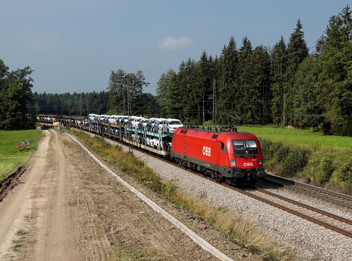 Die 1016 001 mit einem Autozug am 23.09.2017 unterwegs bei Teisendorf.