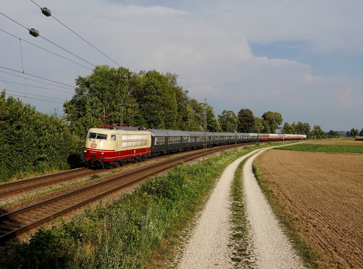 Die 103 113 mit einem Sonderzug am 28.07.2018 unterwegs bei Langenisarhofen.