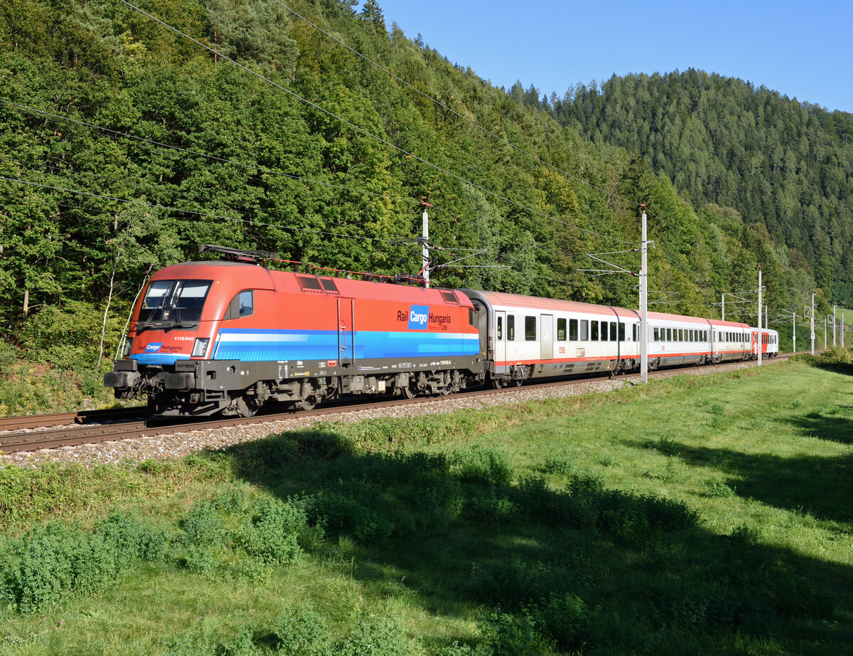 Die 1116 045  Rail Cargo Hungaria  bespannte am 16. September 2021 den IC 610 und wurde von mir in Perengg an der Mur fotografiert.