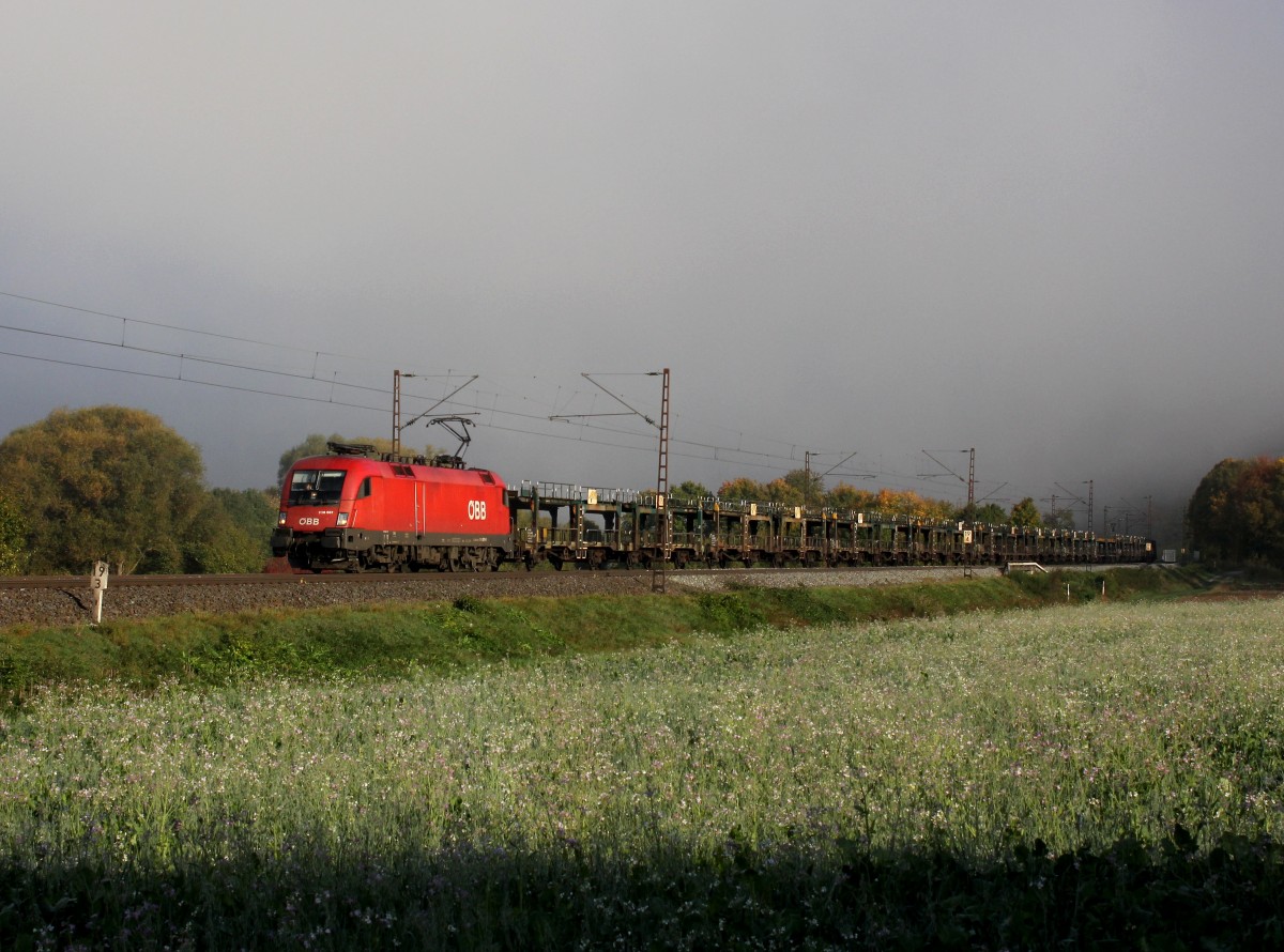 Die 1116 087 mit einem leeren Autozug am 11.10.2012 unterwegs bei Himmelstadt.