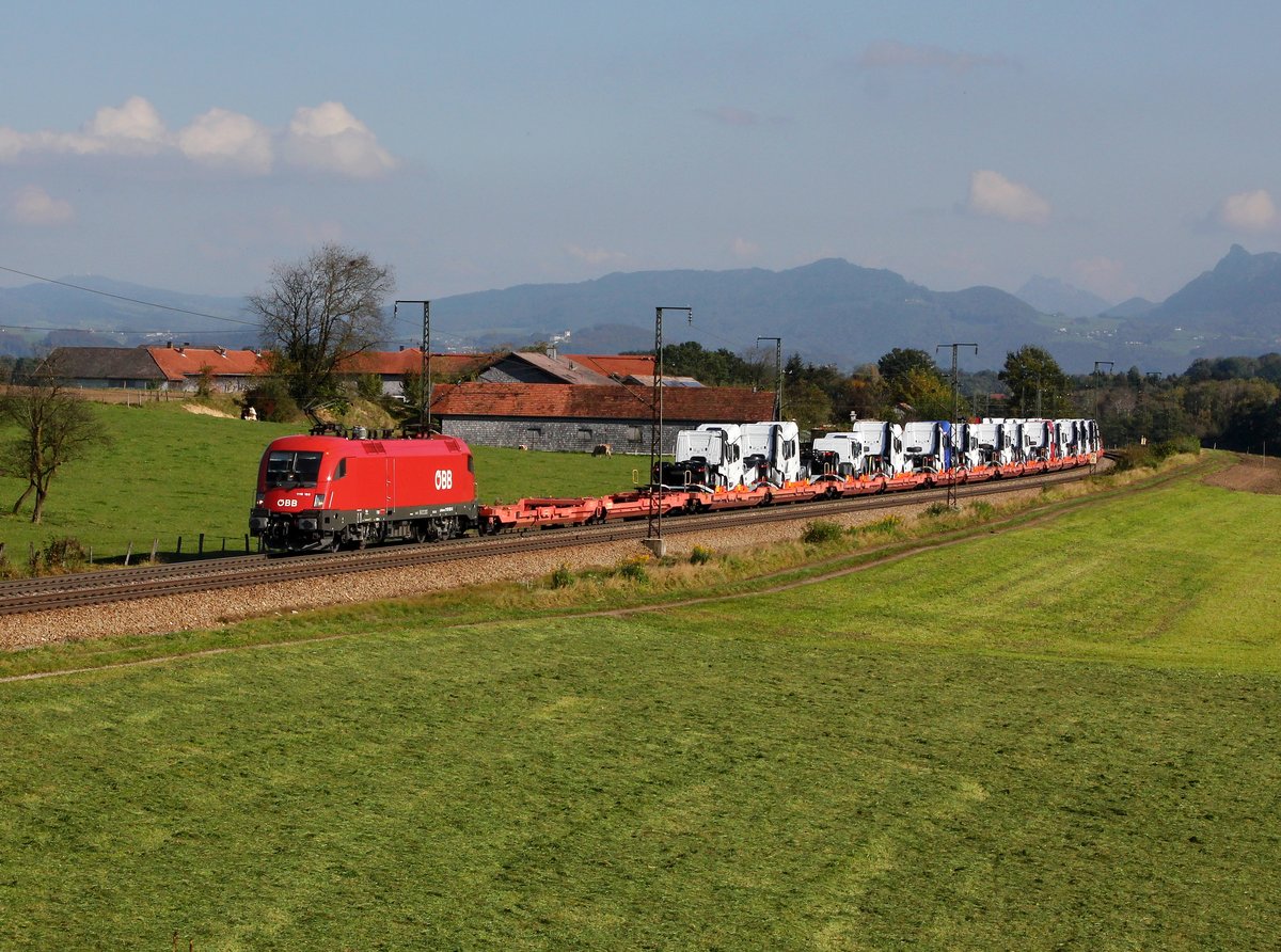 Die 1116 185 mit einem LKW Zugmaschinen Zug am 16.10.2016 unterwegs bei Straß.