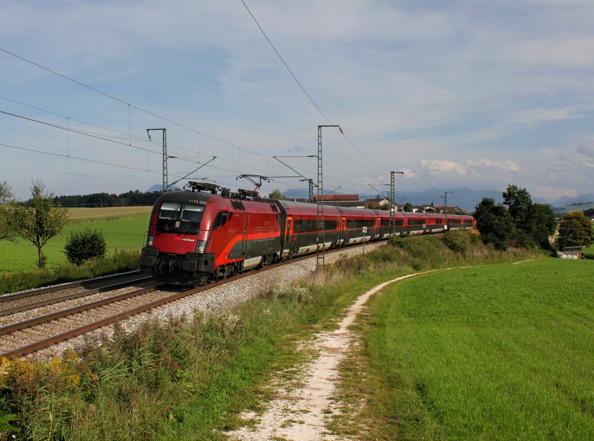 Die 1116 204 mit einem RJ am 19.09.2014 unterwegs bei Teisendorf.