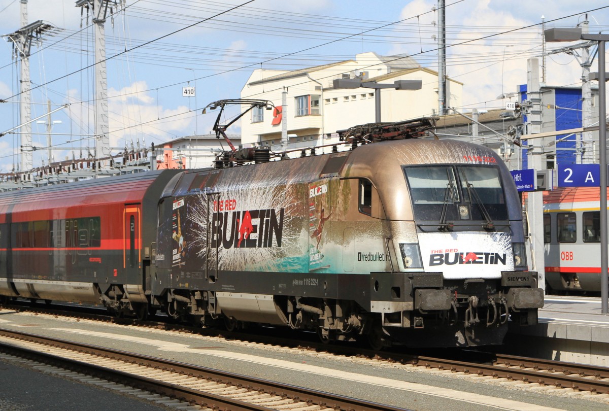 Die 1116 222 mit Railjet bei der Einfahrt in den Hbf Salzburg am 03.08.2014