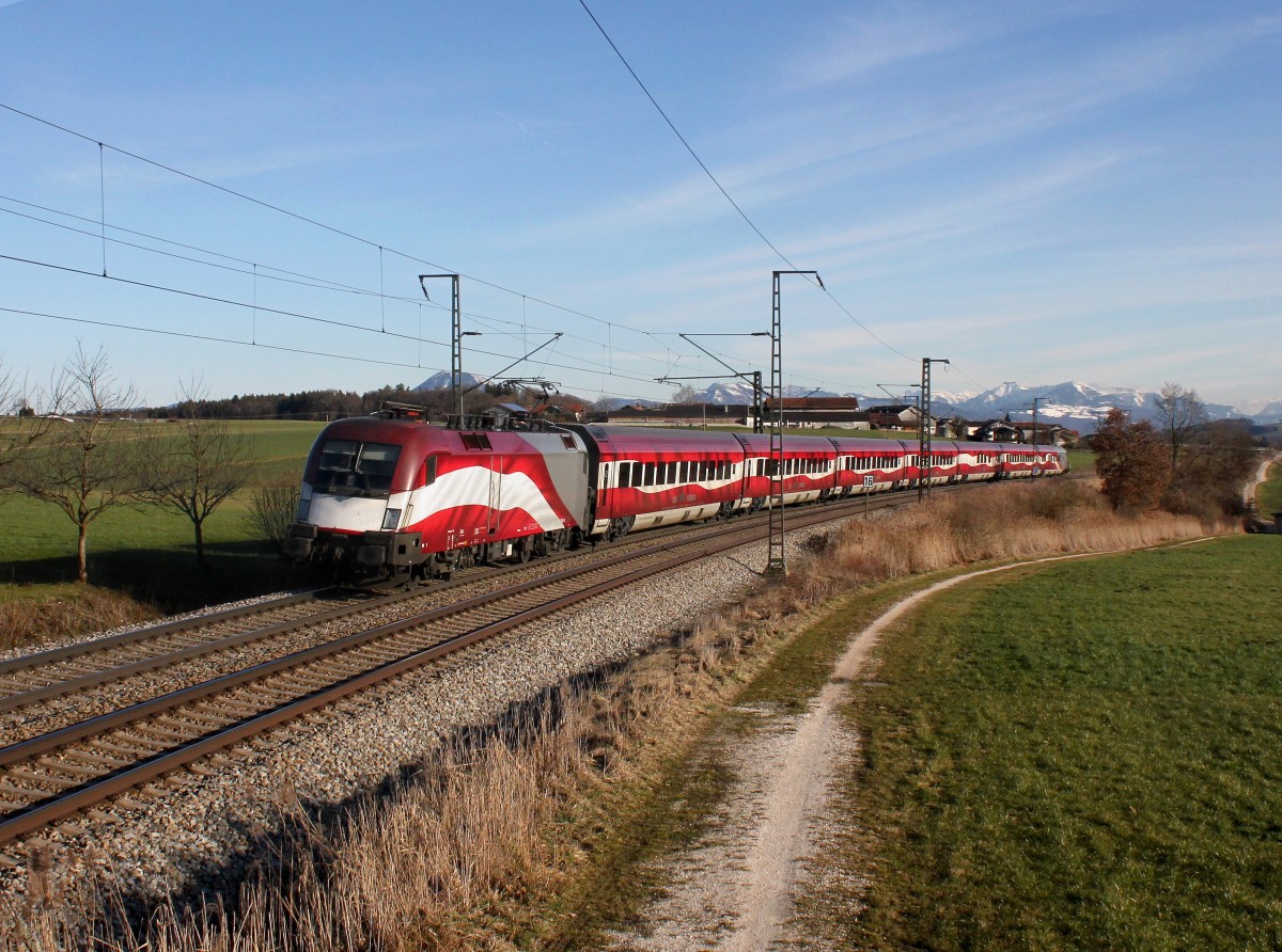 Die 1116 249 mit einem RJ am 12.02.2016 unterwegs bei Teisendorf.