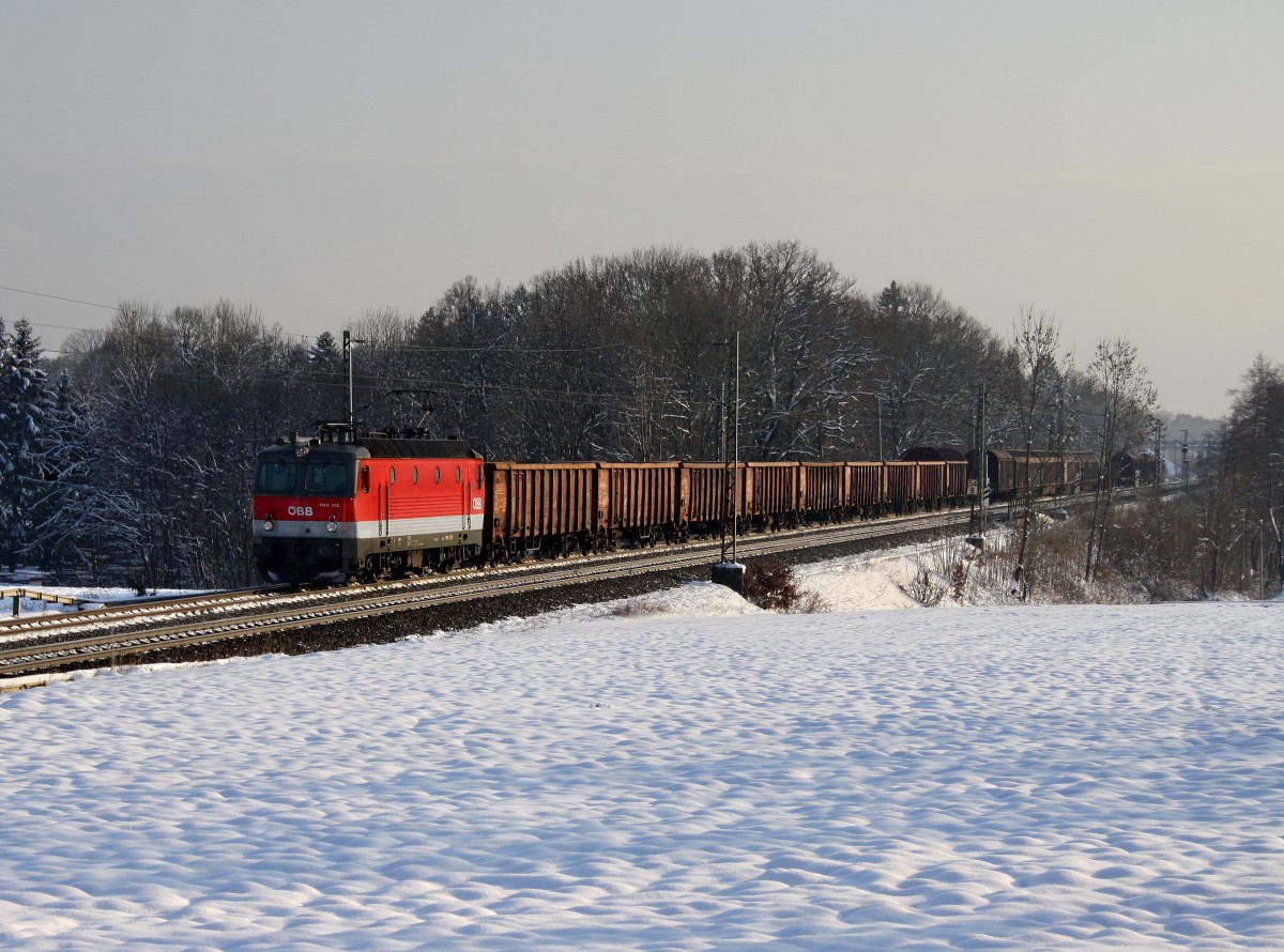 Die 1144 212 mit einem Güterzug am 04.12.2010 unterwegs bei Hilperting.