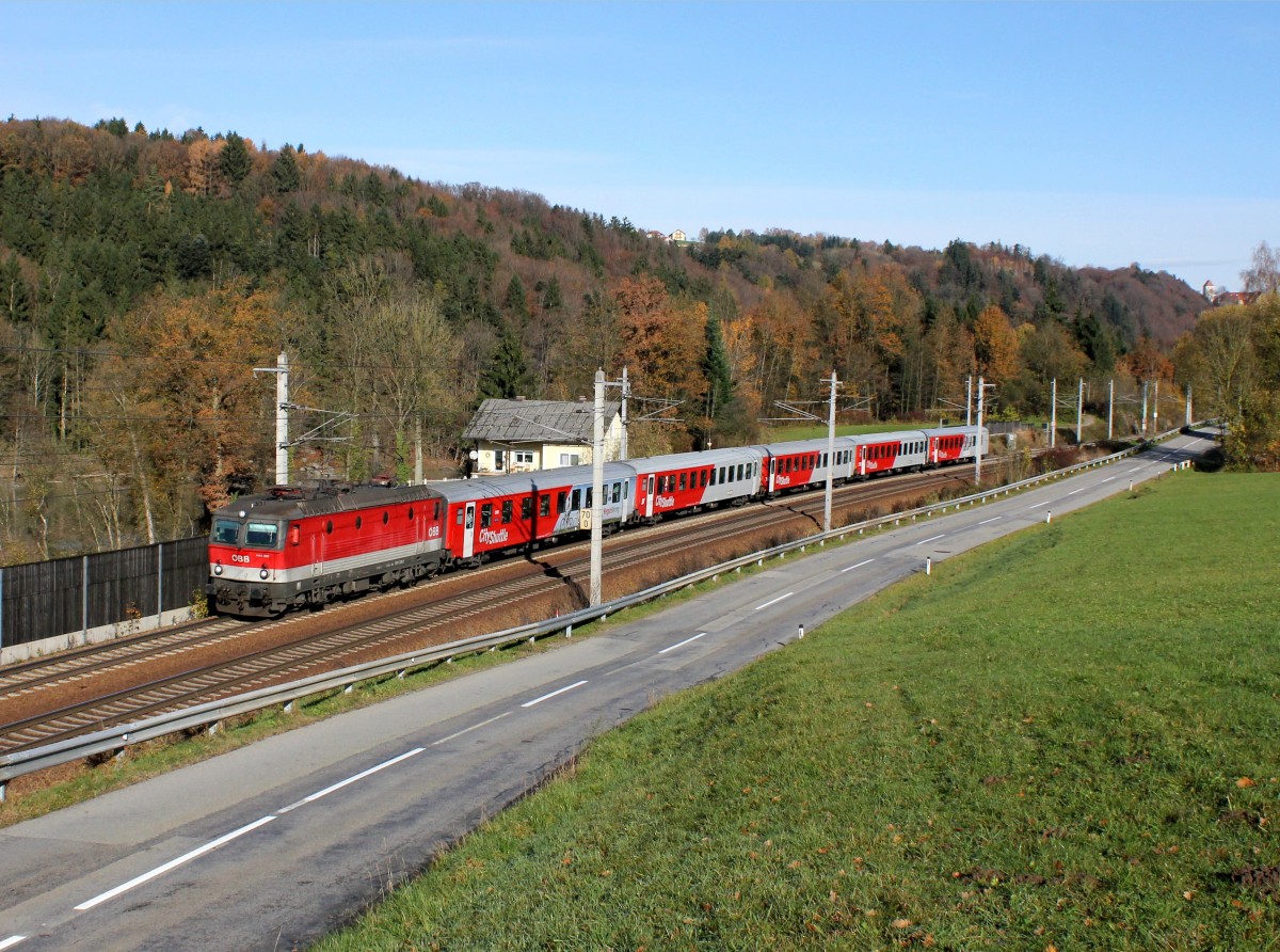 Die 1144 229 mit einem REX nach Linz am 10.11.2013 unterwegs bei Wernstein.