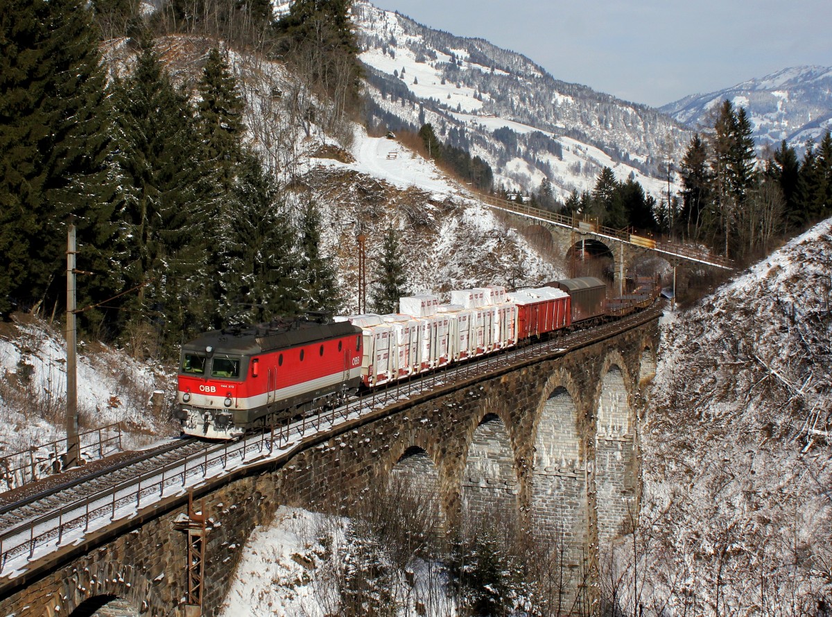 Die 1144 270 mit einem Güterzug am 31.01.2015 unterwegs bei Bad Hofgastein.