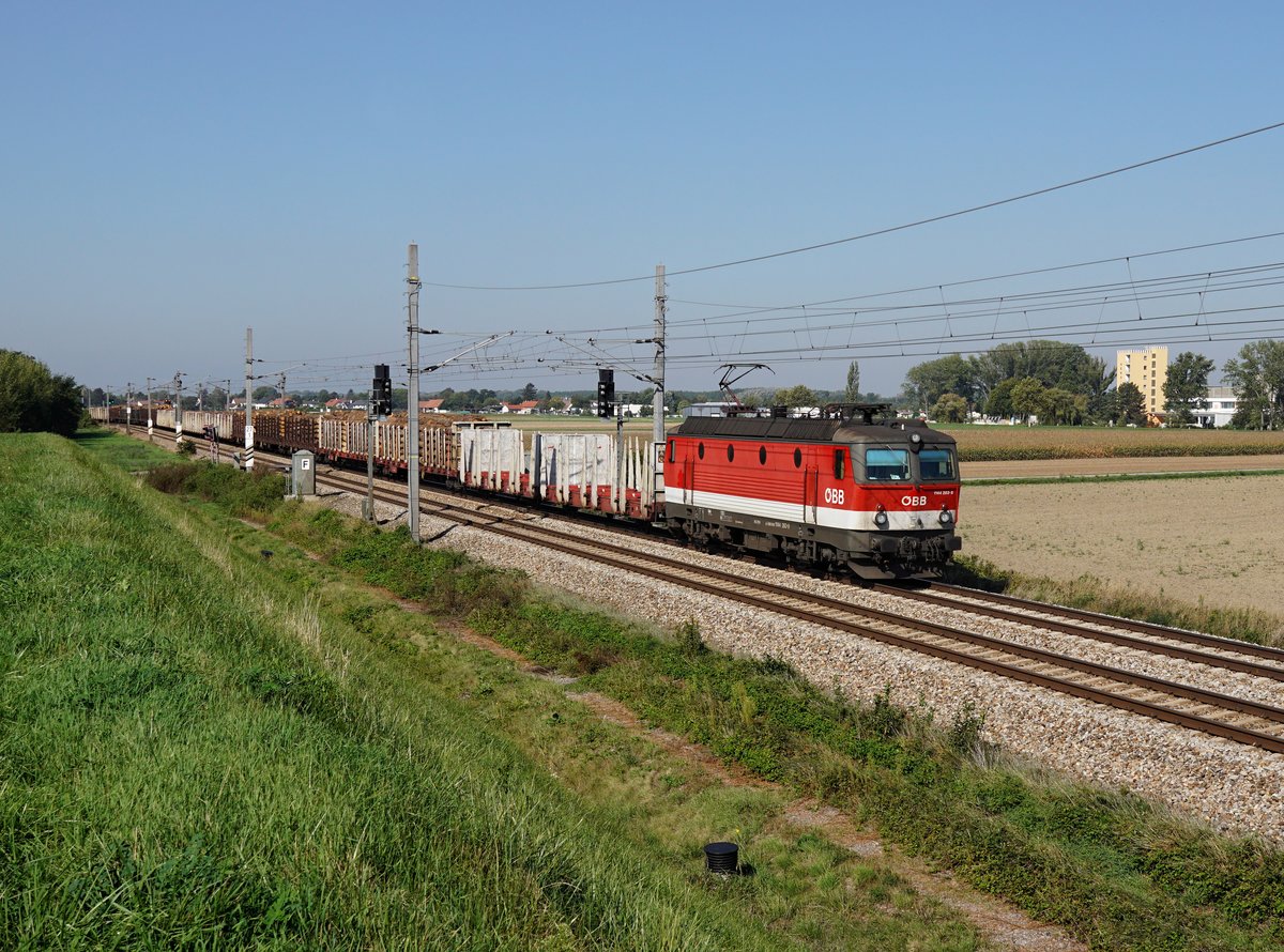 Die 1144 283 mit einem Holzzug am 18.09.2018 unterwegs bei Muckendorf-Wipfing.