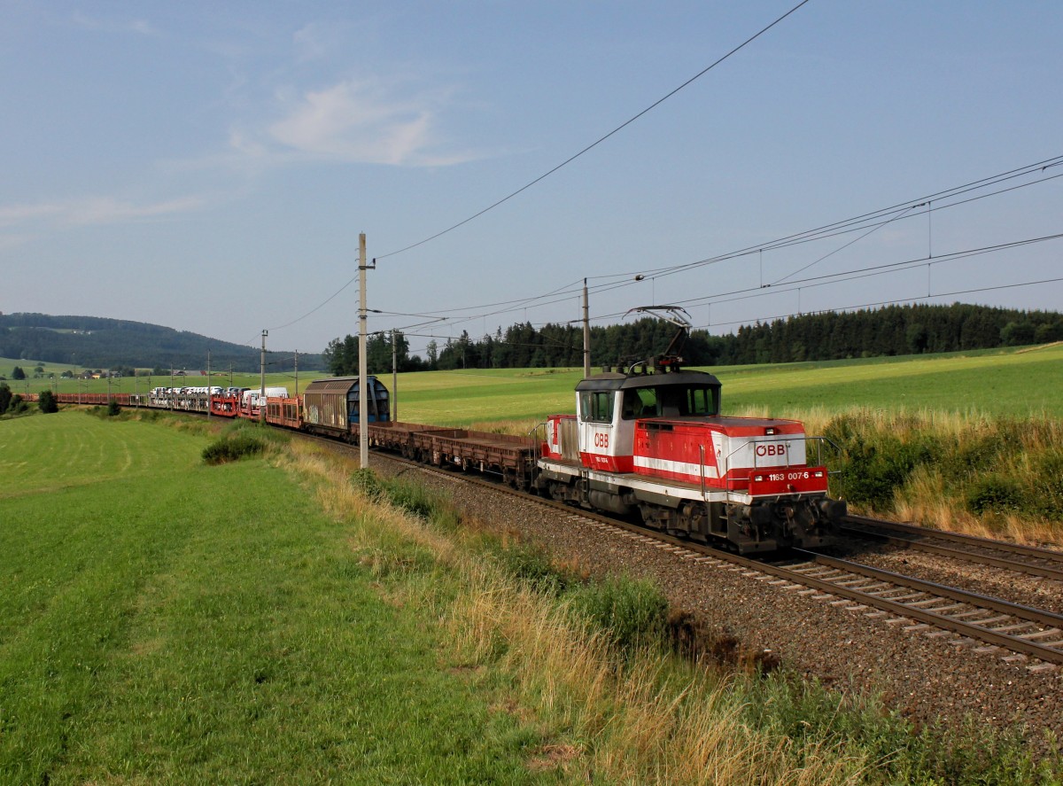 Die 1163 007 mit einem Güterzug am 17.07.2015 unterwegs bei Weng.