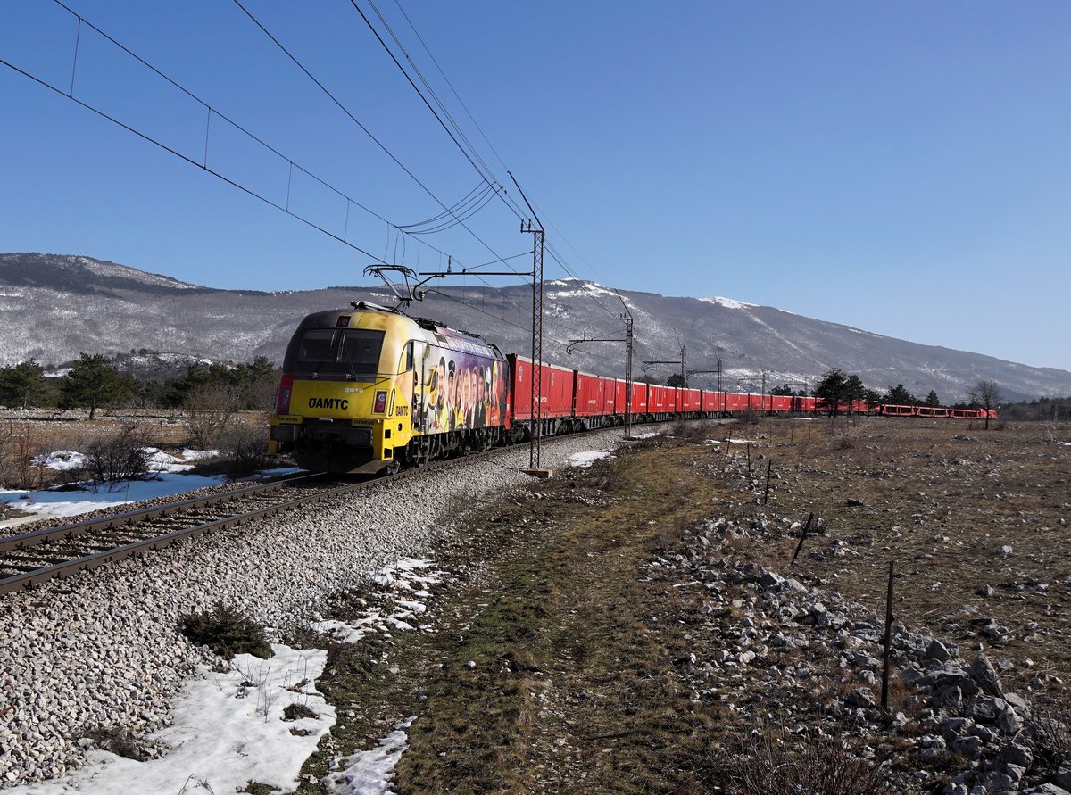 Die 1216 141 mit einem Güterzug am 11.02.2018 unterwegs bei Črnotiče.
