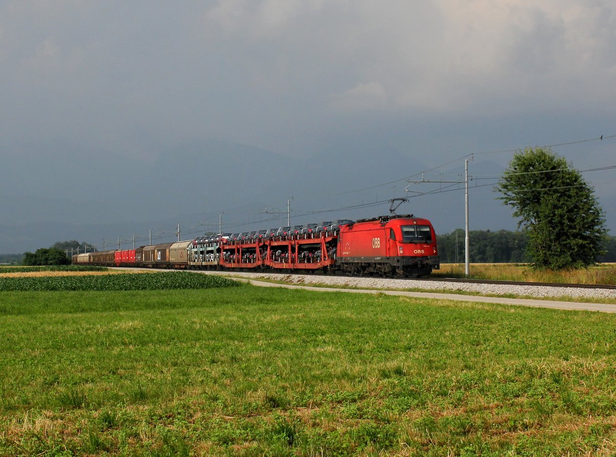 Die 1216 148 mit einem Güterzug am 24.06.2016 unterwegs bei Kranj.
