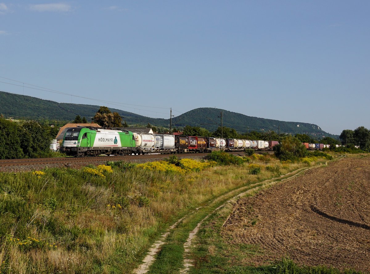 Die 1216 954 mit einem KLV-zug am 26.08.2017 unterwegs bei Vértesszőlős.