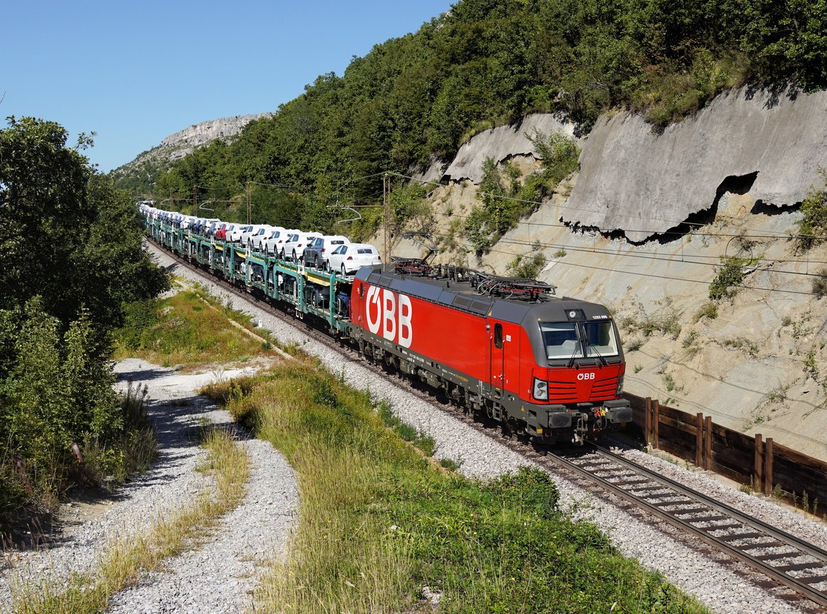 Die 1293 005 mit einem Autozug am 21.09.2019 unterwegs bei Hrastovlje.