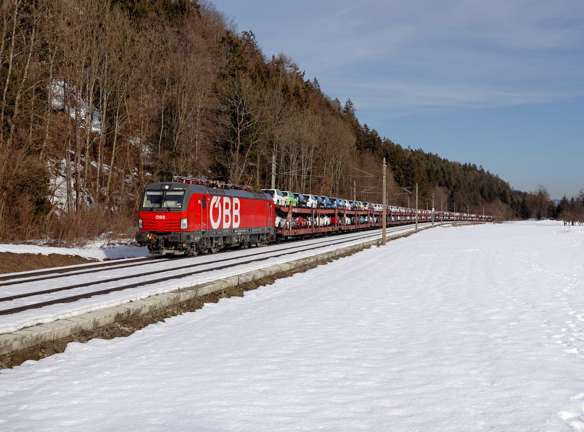 Die 1293 031 mit einem Autozug am 09.02.2019 unterwegs bei Pöckau.