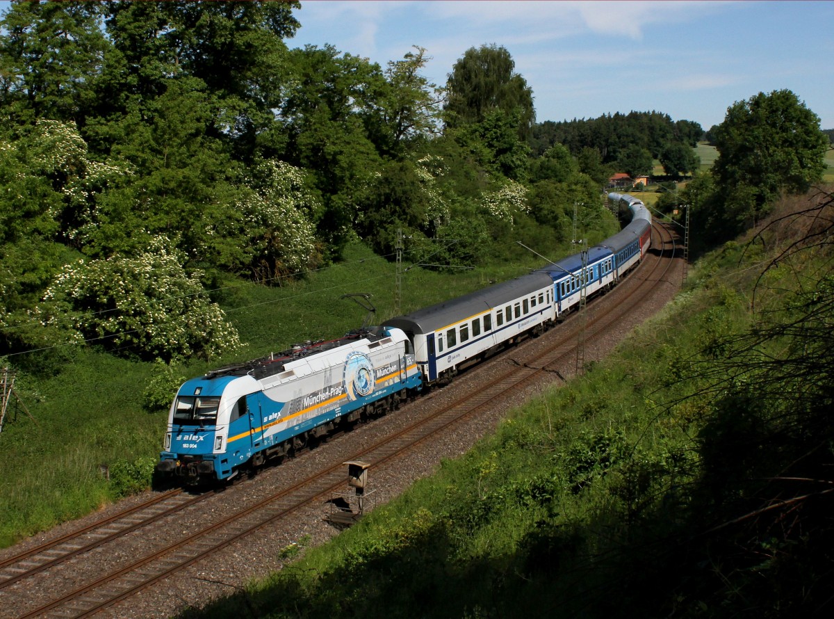 Die 183 004 mit einem ALEX nach München am 06.06.2014 unterwegs bei Neufahrn i. Niederbayern.