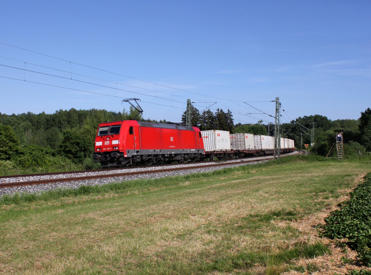 Die 185 218 mit einem Containerzug am 03.06.2015 unterwegs bei Buchhausen.